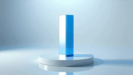 Poster - A tall, blue transparent glass prism stands on a round white platform against a minimal, softly lit blue background.