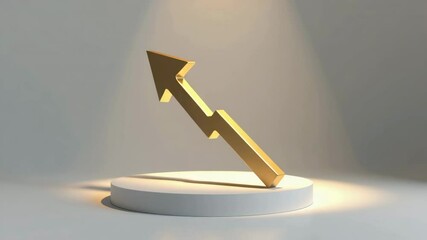 Poster - A golden upward arrow stands on a round white pedestal, highlighted by a spotlight in a minimalist setting.