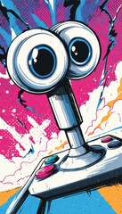 Poster - Retro Joystick with Cartoon Eyes and Dynamic Lightning Background