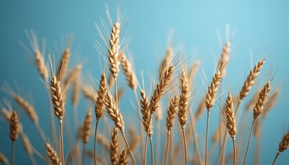 Naklejka na meble Close-up of golden wheat stalks against a smooth blue background