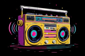 Poster - Retro Cartoon Boombox with Neon Accents and Dancing Soundwaves