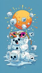Poster - Retro Cartoon Snowman Melting Under Disco Sun with Ice Cubes