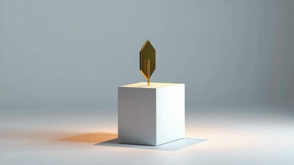 Poster - A metallic geometric sculpture displayed on a white pedestal in a minimalist, softly lit setting.