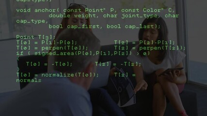 Poster - When red-haired developer typing, team reviewing functions under C++ overlay and discussing logic