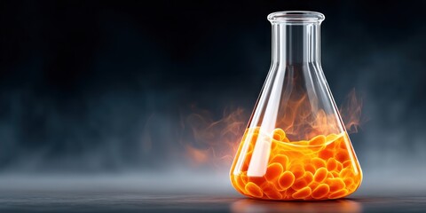 Poster - Glowing orange liquid in a glass Erlenmeyer flask smoke and fire Science