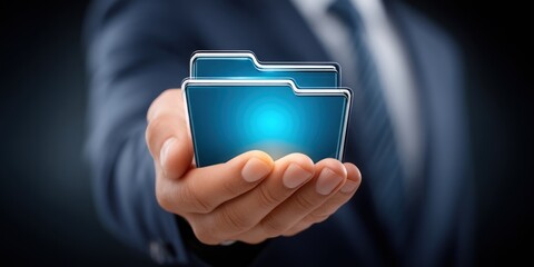 Poster - Person's hands holding glowing digital files close up view Blue folder icons