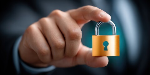 Poster - Close up of a hand holding a small gold padlock The hand is fair skinned and belongs to a person wearing a dark suit