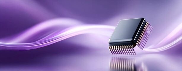 Poster - Microchip on Purple Abstract Background with Light Streaks   of a single microchip