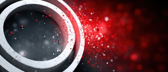 Poster - Abstract concentric circles textured white rings against a dark gray background red bokeh and particles