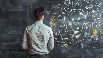 Fototapete - Business professional brainstorming innovative ideas in front of a chalkboard filled with creative sketches and diagrams in a modern office setting