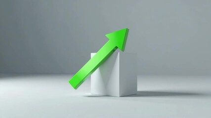 Poster - A large green upward arrow rests on a white cube, symbolizing growth or progress in a minimalistic setting.