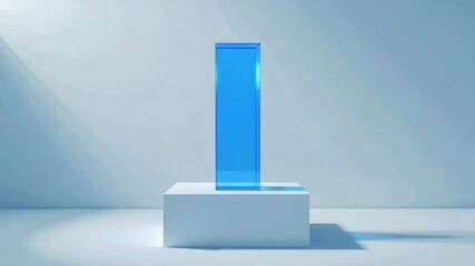 Poster - A tall, transparent blue rectangular prism stands on a white pedestal in a minimalist, well-lit room.