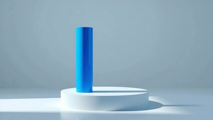 Poster - A bright blue cylinder stands upright on a white round platform, set against a soft blue background with minimal shadows.