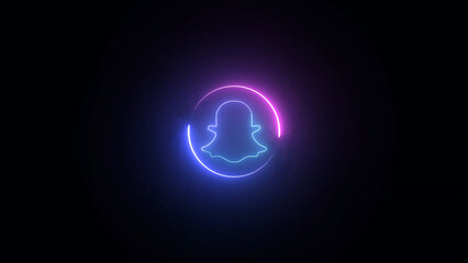 Poster - Neon Snapchat Ghost Logo with Gradient Circle on a Dark Background for Modern Design neon