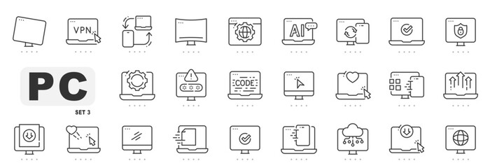Set of computer related line icons. Laptop, monitor, computing, pc etc. Editable stroke. Set 3