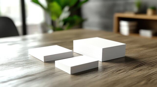 Three white rectangular blocks on a wooden table in a modern office setting