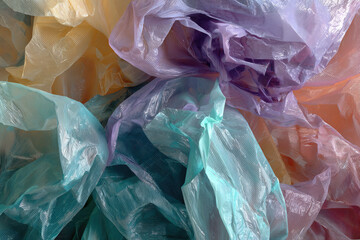 Aufkleber - Colorful crumpled plastic bags create textured abstract background, showcasing variety of pastel hues including purple, blue, and orange. soft plastic material adds delicate touch