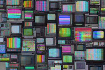 Aufkleber - Collage of vintage televisions displays colorful glitch patterns, creating chaotic and nostalgic atmosphere. screens show various hues and pixelated textures, reminiscent of obsolete technology