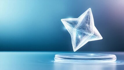 Poster - Abstract Star on Podium: A radiant, polygonal star, poised elegantly on a sleek podium, floats serenely against a gradient backdrop, embodying innovation and aspiration.