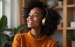 © lian - Attractive young african american woman listening to music at a. High quality