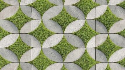 Poster - Green grass growing between paving stones creates a beautiful geometric pattern, ideal for backgrounds and textures related to landscaping, gardening, and urban design
