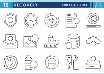 Poster - A set of line icons related to Recovery. Recover, password, gear, message, media, time, and so on. Vector editable stroke.