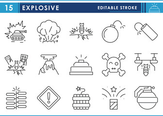 Poster - A set of line icons related to Explosive. Bomb, explode, ruin, war, drones, grenade, and so on. Vector editable stroke.