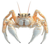 A close-up of a white and orange spotted crab with detailed legs, claws, eyes, and antennae, showing its textured shell and fine hair-like structures. Png, Transparent background.