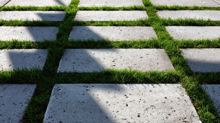 Poster - Verdant grass sprouting between concrete pavers, casting intricate shadows across garden pathway, highlighting natural resilience and organic texture