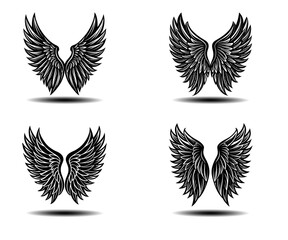 black feather angel wings vector collection. distressed wing silhouettes for tattoo design, gothic a