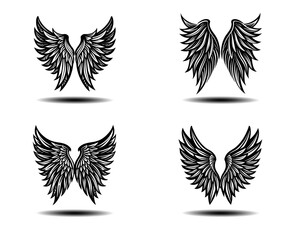 dark angel wings vector set in black. distressed feather wing illustrations for gothic tattoos, fant