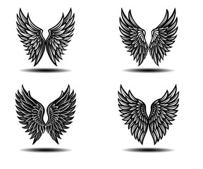 symmetrical angel wings vector pack in black. distressed feather wing icons perfect for gothic tatto