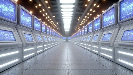 Poster - Cybernetic corridor: A striking image of a futuristic corridor lined with glowing monitors, hinting at advanced technology and data visualization. The sleek design evokes a sense of progress.