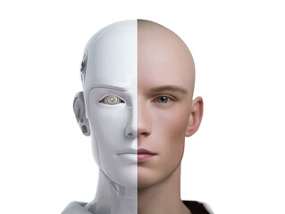 half human half robot face 3d illustration isolated on transparent or white background, png