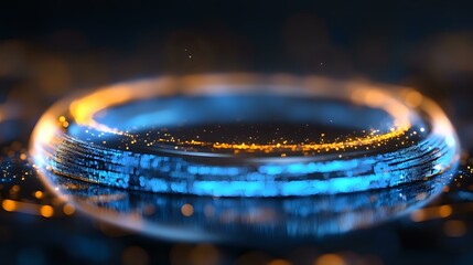 Poster - Glowing blue and orange light spiral with bokeh effect creates magical atmosphere. Abstract circular light trail with sparkles and blurred background for creative design projects.