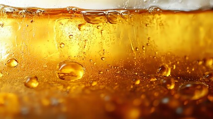Poster - Golden liquid with rising bubbles and droplets captured in macro photography, showing refreshing carbonated beverage surface with amber glow and dynamic movement.