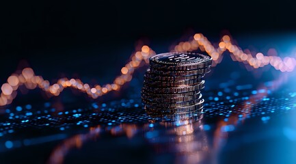 Poster - Stack of silver coins against dark background with glowing chart line and bokeh lights, representing financial growth and investment success in modern markets.