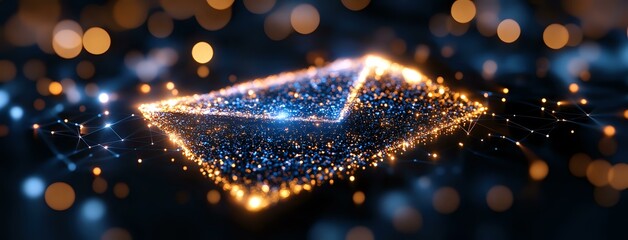 Poster - Glowing golden frame with sparkling blue particles floating in dark space, bokeh light effects create magical atmosphere. Digital art for modern design.