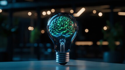 Aufkleber - Glowing brain inside light bulb on dark background with bokeh lights, creative intelligence concept for innovation and problem solving solutions.
