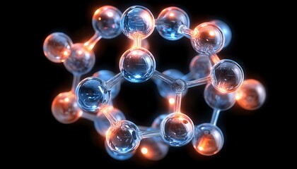 Poster - Glowing molecular structure with interconnected atoms forming hexagonal ring pattern against dark background, illuminated with blue and orange light effects.