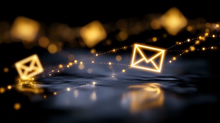 Poster - glowing email message icons floating over reflective dark surface with magical sparkles and light tr