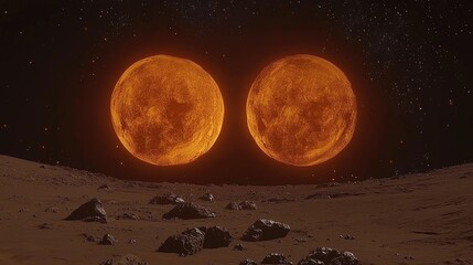 Poster -  Exploration of dual moons alien landscape digital art cosmic environment outer space astronomy concept
