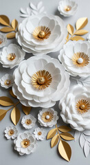 Poster - White paper flowers with gold centers, arranged on gray background. Elegant design, ideal for decoration or invitation