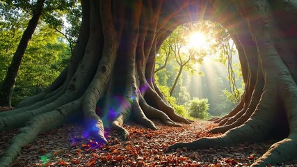 Poster - Enchanted Forest Pathway with Lush Greenery and Mystical Light Ideal for Fantasy Nature