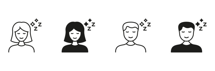 Aufkleber - Sleeping Person Line And Solid Icon Set. Relaxation, Rest, And Sleep Symbol Collection. Male And Female Characters With Sleep Symbols. Isolated Vector Illustration