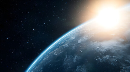 Wall Mural - A stunning view of Earth from space with the sun rising, illuminating the planet
