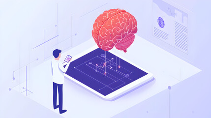 Poster - A person analyzes brain data projected from a tablet, symbolizing AI, neuroscience, and digital health technology integration.