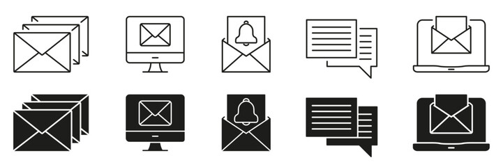 Fototapete - Email and Notification Interface Line and Solid Icon Set. Inbox Messaging, Digital Communication Symbol Collection. Web Interface and User Notification Toolkit. Isolated Vector Illustration