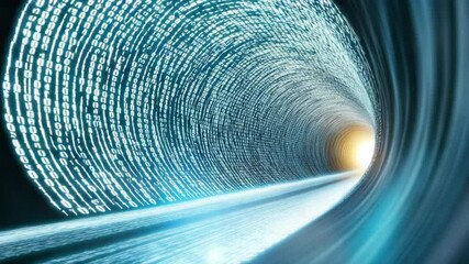 Poster - Digital Pathway: An abstract tunnel composed of light and data, symbolizing the intricate network and the endless flow of information within the digital realm, leading towards an unknown future.