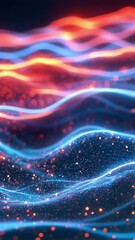 Poster - Dynamic digital landscape of glowing waves in red and blue hues with particle lights. Wallpaper High-resolution digital art. Technology and energy flow concept